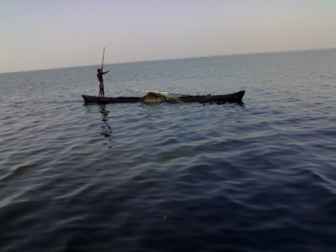 A fisherman transporting sea muscles in his canoe