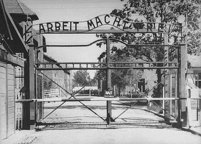 The front gate of Auschwitz-Birkenau concentration camp. The slogan Arbeit macht frei translates as “work will set you free”)